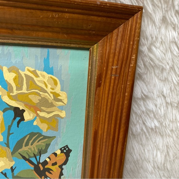 Vintage 60’s Hand Painted Yellow Rose And Monarch Butterfly Framed Artwork - Picture 2 of 7